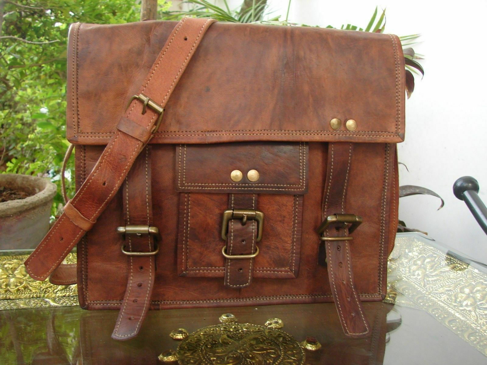Goat Leather Briefcase Vintage Brown Messenger Bag Shoulder Laptop Satchel