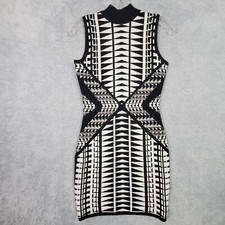 Vtg 90s Womens Bodycon Dress Sz S Black Mock Neck Geometric Rayon Poly Stretch
