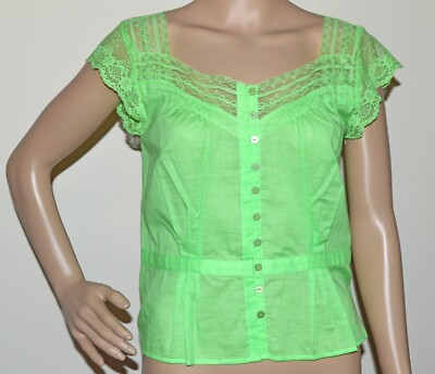 NEW i.e. relaxed Women's Cotton Lace Blouse Top SMALL Apple Green Front Buttons
