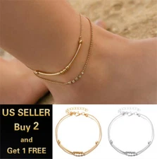 Double Layer Crystal Beads Gold Silver Anklet Ankle Bracelet Foot Chain