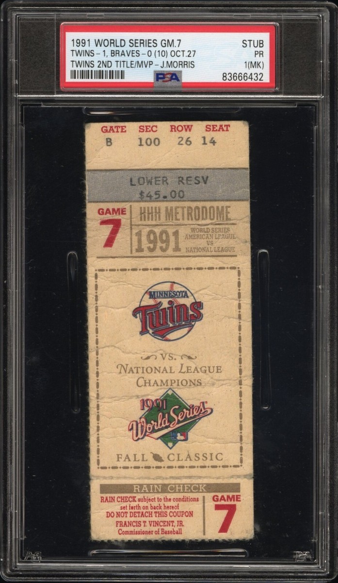 1991 Twins Braves World Series Game 7 Ticket Stub PSA Jack Morris