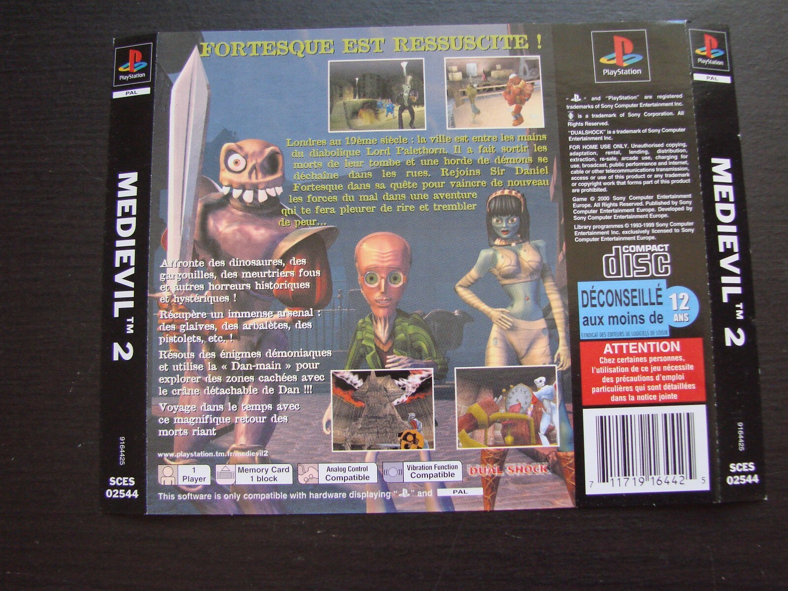 MEDIEVIL 2 : JAQUETTE ARRIERE Sony PlayStation PS1 (sans jeu)