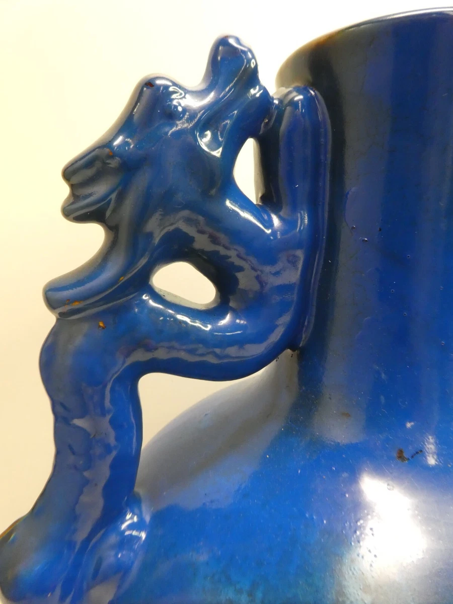 VINTAGE CHINESE BLUE ENAMEL PAINTED DRAGON HANDLE POTTERY VASE