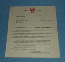 1931 Book of the Month Club Subscription Receipt Letter Billhead