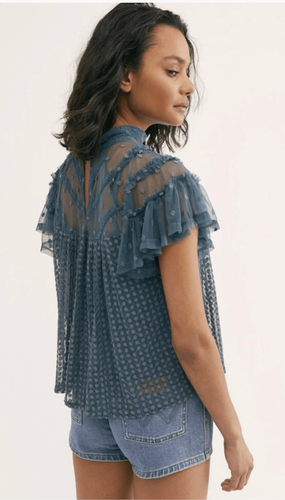 Free People Women’s Medium Mesh Top Victorian Sheer Ruffle Mock Neck - Picture 2 of 10