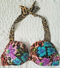 RARE Victoria Secret 32B leopard floral print blue padded swimsuit push up bra