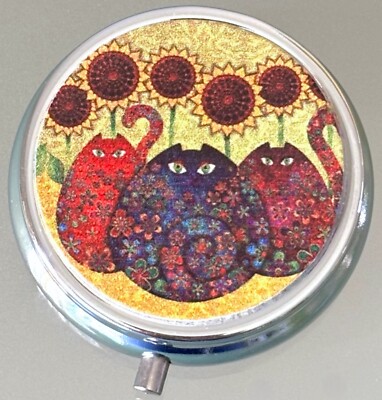 Boho Folk Art Floral Cats Sunflowers 3 Compartment Purse Travel Vitamin Pill Box