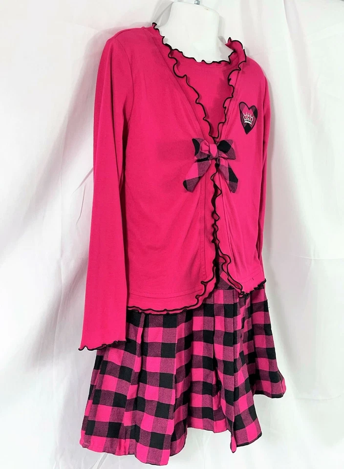 NWT $50 Girl 8 DOLLIE & ME Hot Pink Black Heart Plaid Pleated Skirt Party Dress! - Image 4 of 4