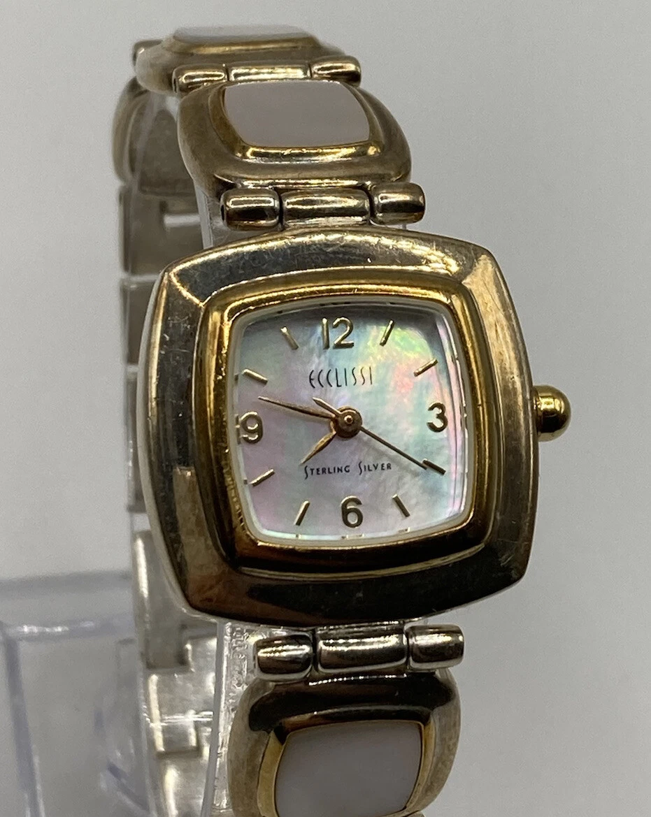 Vintage Ecclissi Sterling Silver 925 Mother Of Pearl Bracelet Watch New Batt