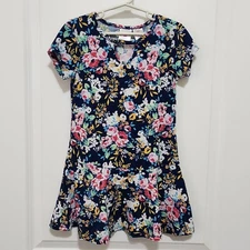 Extremely Me Girls 5/6 Navy Blue Floral Dress Jersey Knit Short Sleeve Pullover