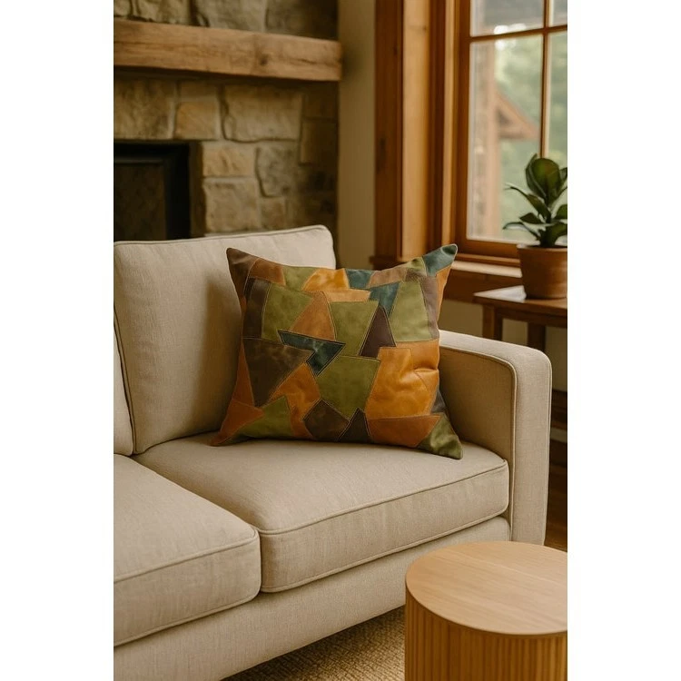 Boho Leather Patchwork Cushion Cover - Artisan Rustic Earth Tone Pillow - Image 4 of 4