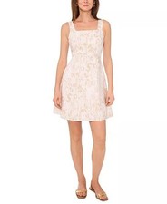 Vince Camuto Printed Linen‑Blend Square‑Neck Mini Dress Oyster Grey M NWT $169