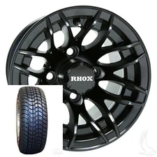 Golf Cart Set 4 RHOX 10'' Wheels & Tires Gloss Black 10x7 Rims 205x50-10 Tires