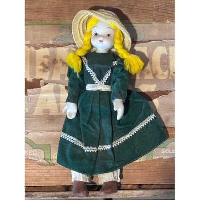 Vintage Bisque Porcelain Doll 9 H Green Dress Yellow Yarn Hair Straw Hat