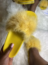 Women s Yellow Faux Fur Fur Trim Slide Sizes range from 5 to 10
