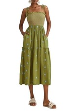 Women Floral Embroidered Maxi Dress Sleeveless Tie Shoulder Medium Green