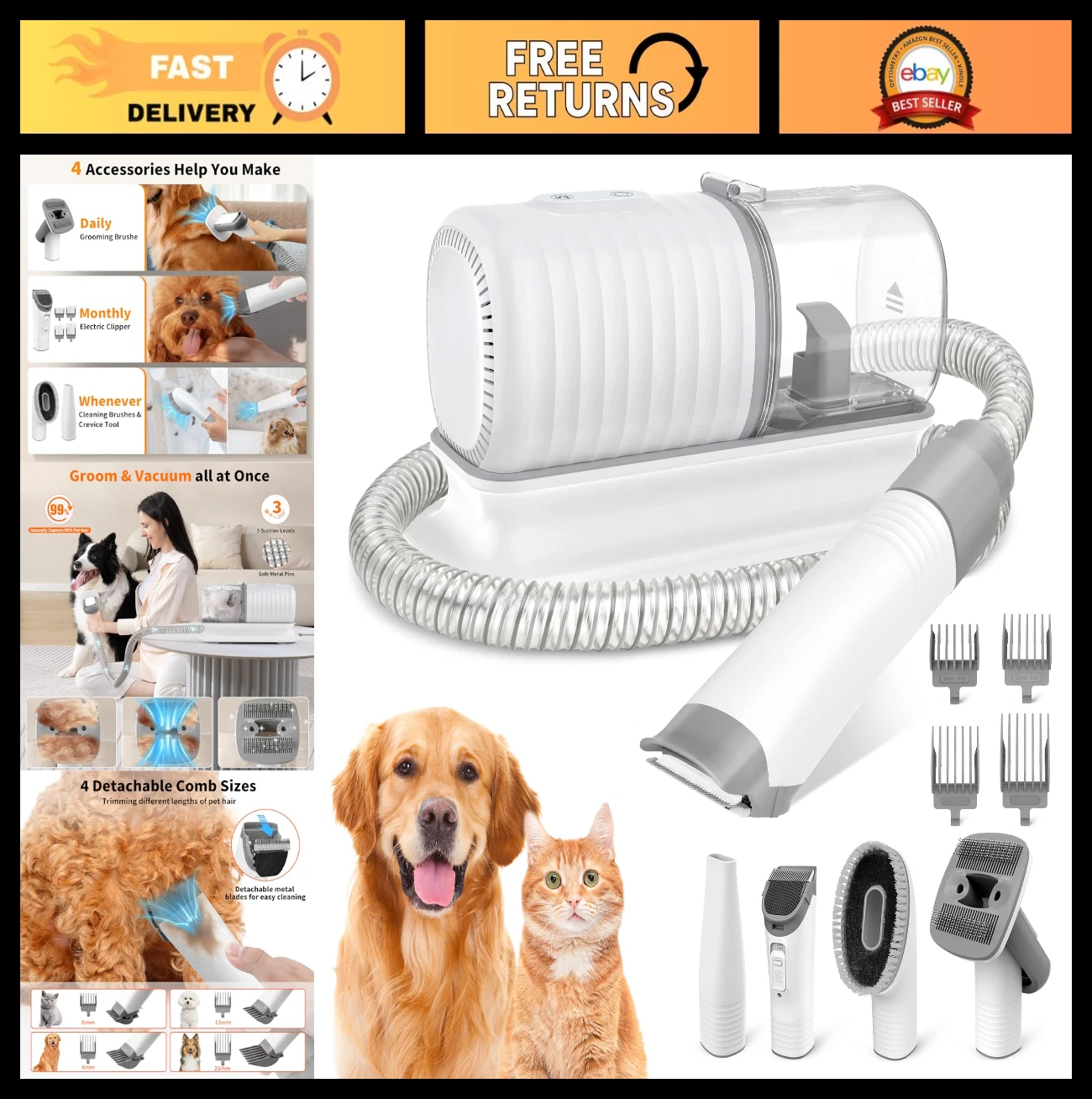 Pet Grooming Vacuum Kit with Clipper, Brush & Tools - 5-in-1 Shedding Solution