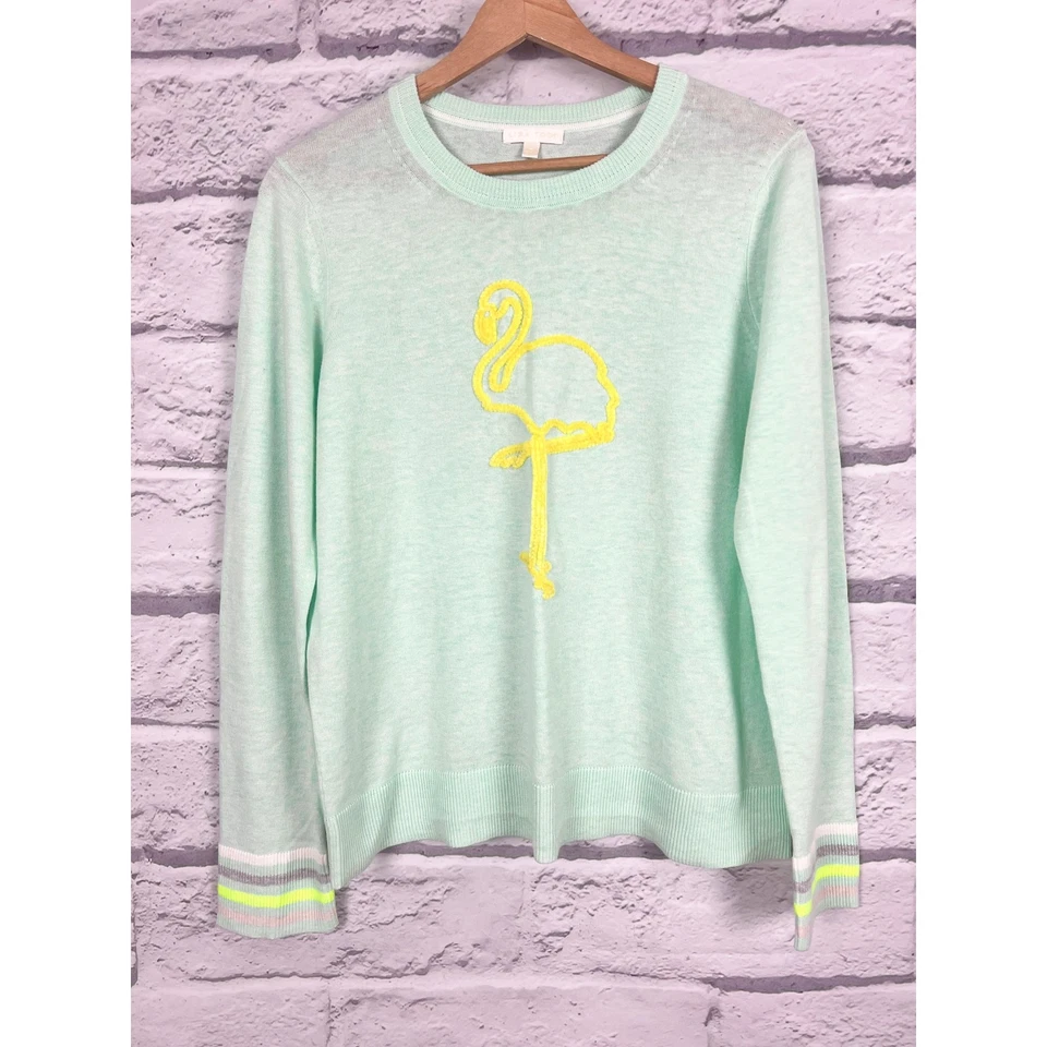 Suéter tejido flamenco Lisa Todd para mujer Lino Costero Preppy Tropical Resortwear Foto 3 de 4