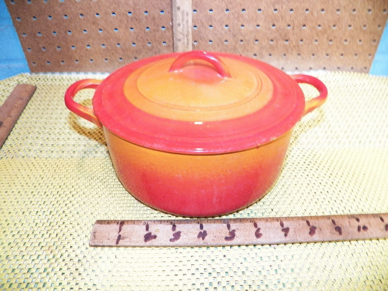 Vintage LE CREUSET Cast Iron Enamel Orange Round Dutch Oven w/ Lid