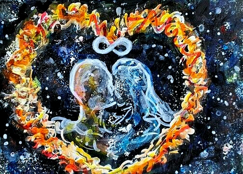 ACEO Tableau Original FLAMME JUMELLE Amour Symbole Esprit Nouvel Âge DUALISME Énergie ART