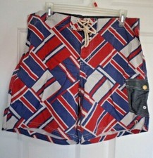 NWT Hang Ten Gold 38 Cotton Flag Print Red White Blue Newtown Board Shorts Swim