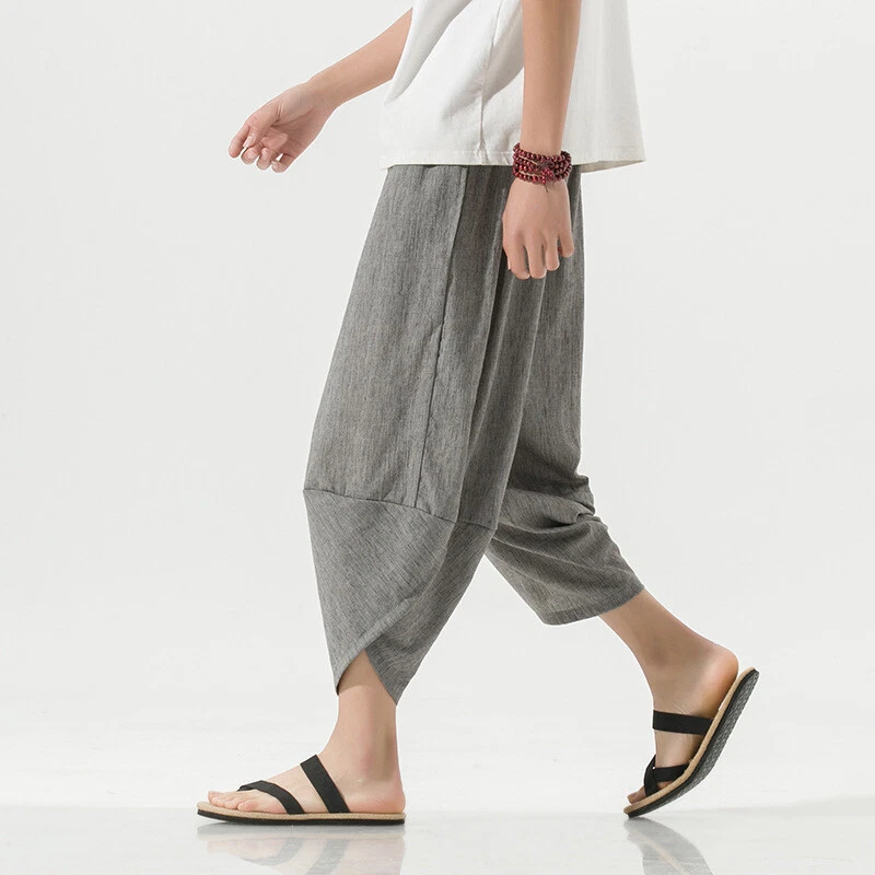 Men's Pants Chinese Style Linen Loose Large Size Haren Pants Cropped Trousers - Image 4 of 4