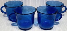 Set Of 4 ~ Forte Crisa Mexico Cobalt Blue Glass 7oz Coffee Tea Cup Sunflower