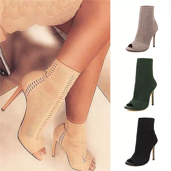 Ladies Hollow Out Knit Sock Ankle Boots Peep Toe Pull On Stilettos Stretch Shoes