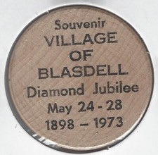1898-1973, VILLAGE OF BLASDELL (New York) Diamond Jubilee 5¢ Token Wooden Nickel