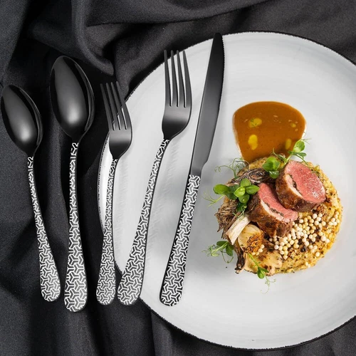 30tlg.Edelstahl Besteck Set Schwarz Matt für 6, Essbesteck mit Schachbrettmuster - Bild 4 von 11