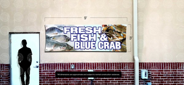 FRESH FISH BLUE Cangrejo Banner Mercado de Alimentos Restaurante Letrero Abierto Tienda Exhibición Vinilo