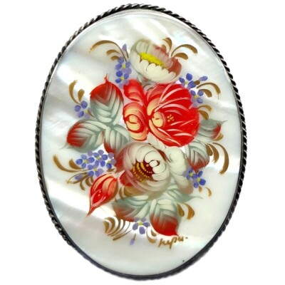 Broche Nacre Peinte Fleurs Jostovo - Bijou Russe Femme