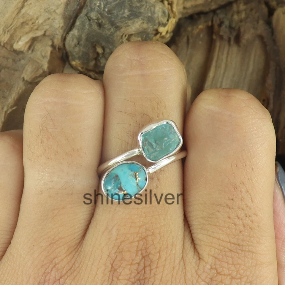 Anillo Aguamarina Cruda Azul Cobre Turquesa Ajustable Plata Esterlina Cristal Anillo Foto 2 de 3