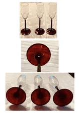 VINTAGE Champagne Flutes 6 oz. Blown Glass RED STEM 8.75" Tall 3-Piece Set
