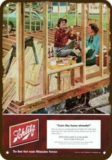 1952 SCHLITZ BEER Home Construction Vintage-Look DECORATIVE REPLICA METAL SIGN