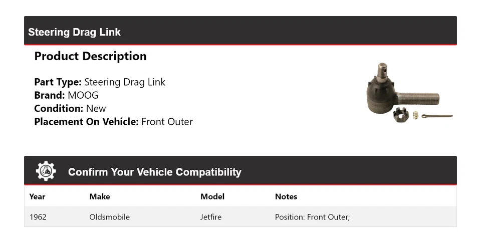 Para Oldsmobile Jetfire 1962 dirección enlace de arrastre delantero exterior MOOG Foto 2 de 4