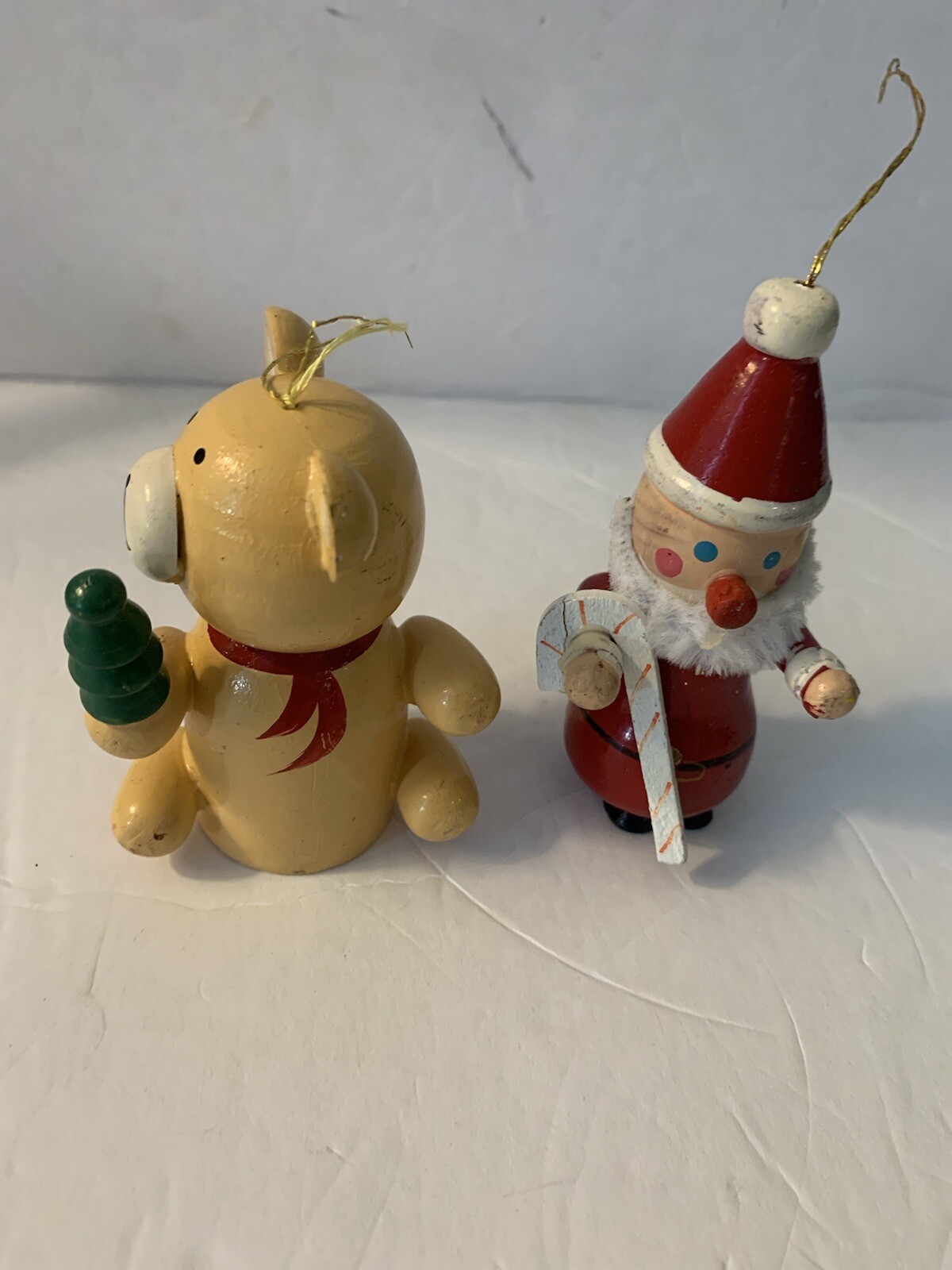 Vintage Wooden Christmas Ornaments Teddy Bear and Santa Made in Taiwan Lot of 2