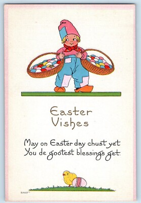 c1910's Easter Vishes Dutch Kid With Eggs Basket Embossed Antique Postcard