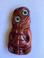 SIGNED MAORI NEW ZEALAND HAND CARVED WOODEN TIKI wall hanging ABALONE EYES