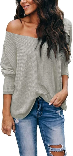 iGENJUN Women's Casual V-Neck Off-Shoulder Batwing Sleeve Pullover Sweater Tops - Picture 35 of 94
