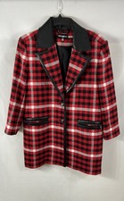 Karl Lagerfeld Women's Red Plaid Tweed Jacket Faux Leather Trim Sz 12