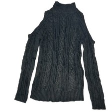 Solemio Cable Knit Sweater Dress Small Cold Shoulder Mock Neck Black