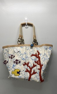 Vintage 2005 Coach White Blue Aquatic Coral Fish Starfish Canvas Tote Bag 4458