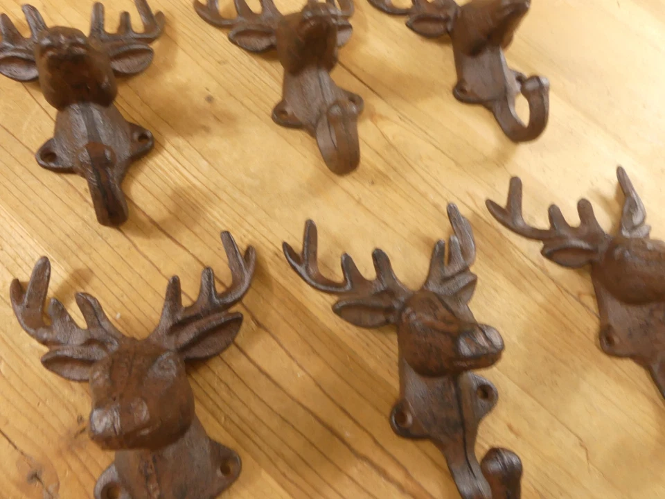 6 Rustic Elk Deer Moose Head Hooks Cast Iron Coat Hook Rack Restoration Hat  - Image 2 of 4