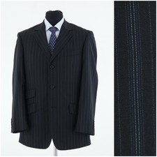 Mens Vintage Blazer 40R UK Size HEINE Black Pure Wool Sport Coat Striped Jacket
