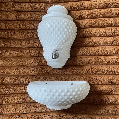 Vtg MCM Fenton Milk Glass Hobnail Wall Pocket Planter Vase Lavabo Complete