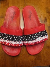 Minnie Mouse Slides Womens Size 8-9 Red Polka Dot Ruffle Sandals Disney Slip On