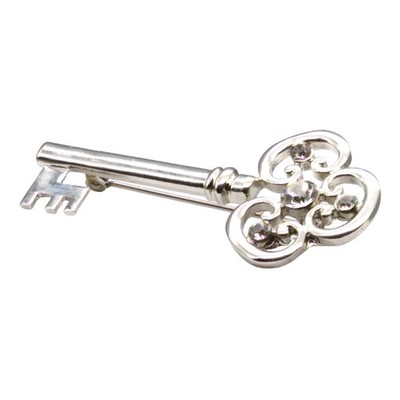 Vintage Skeleton Key Brooch, Silver Tone with Clear Crystals, Unique Lapel