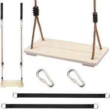 Wooden Swing Seat Outdoor, Adjustable Rope & Tree Straps, Patio Garden Playgroud
