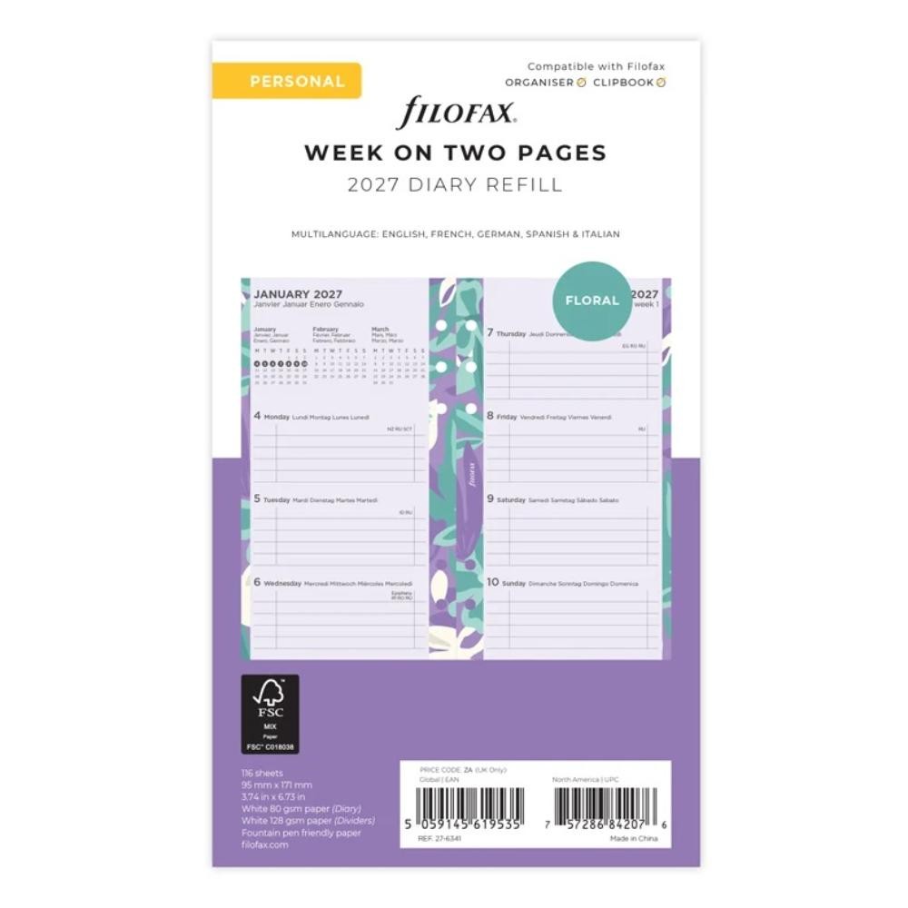 Filofax 2027 Personal Floral Illustrated Diary Refill Pack - 6341